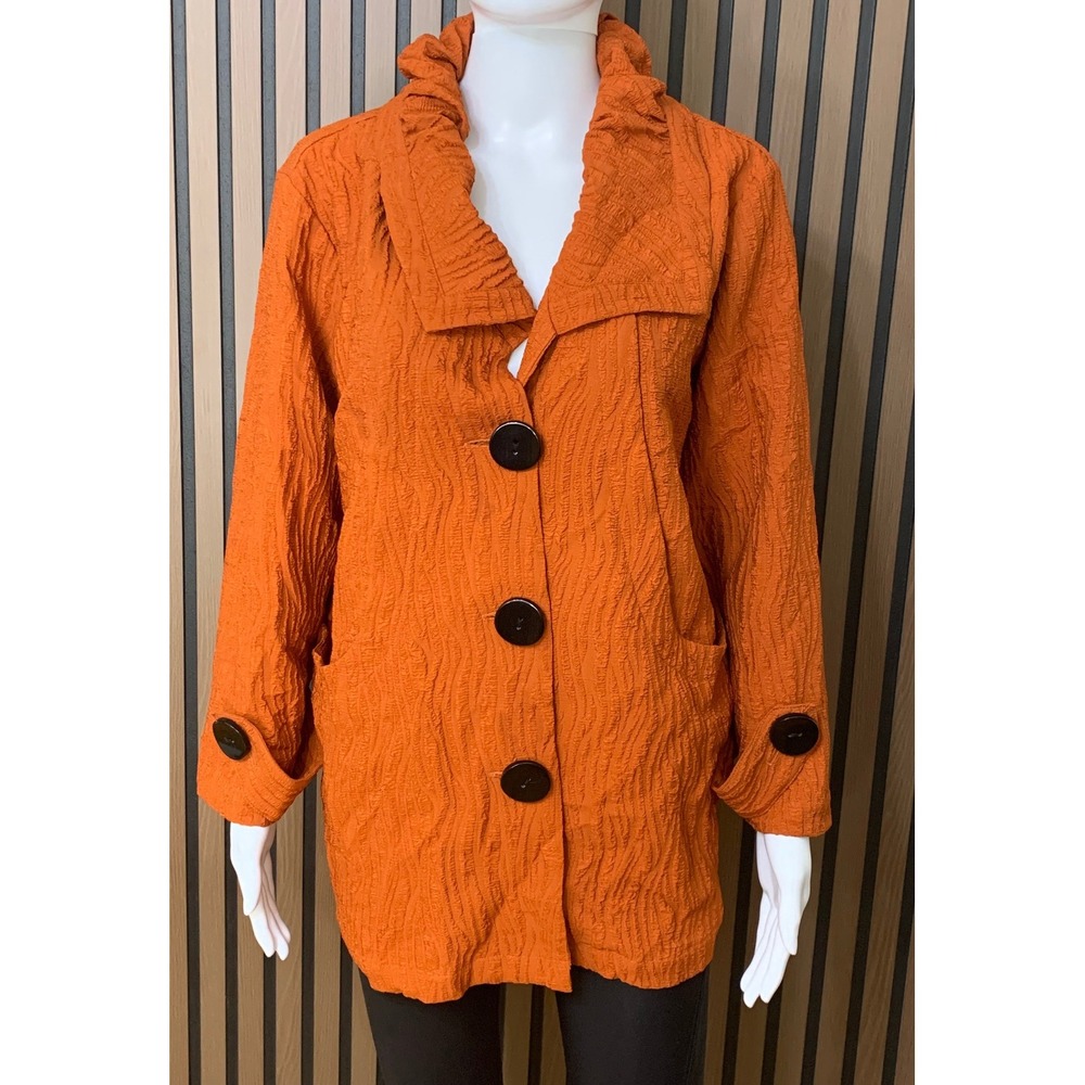 Ali Miles Burnt Orange Crinkle Texture Ruffle Collar Lagenlook Jacket L Artsy
